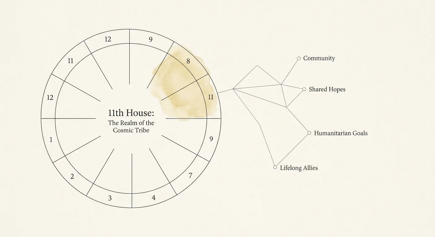 A technical, elegant astrological diagram highlighting the 11th House and its links to community and friendship.