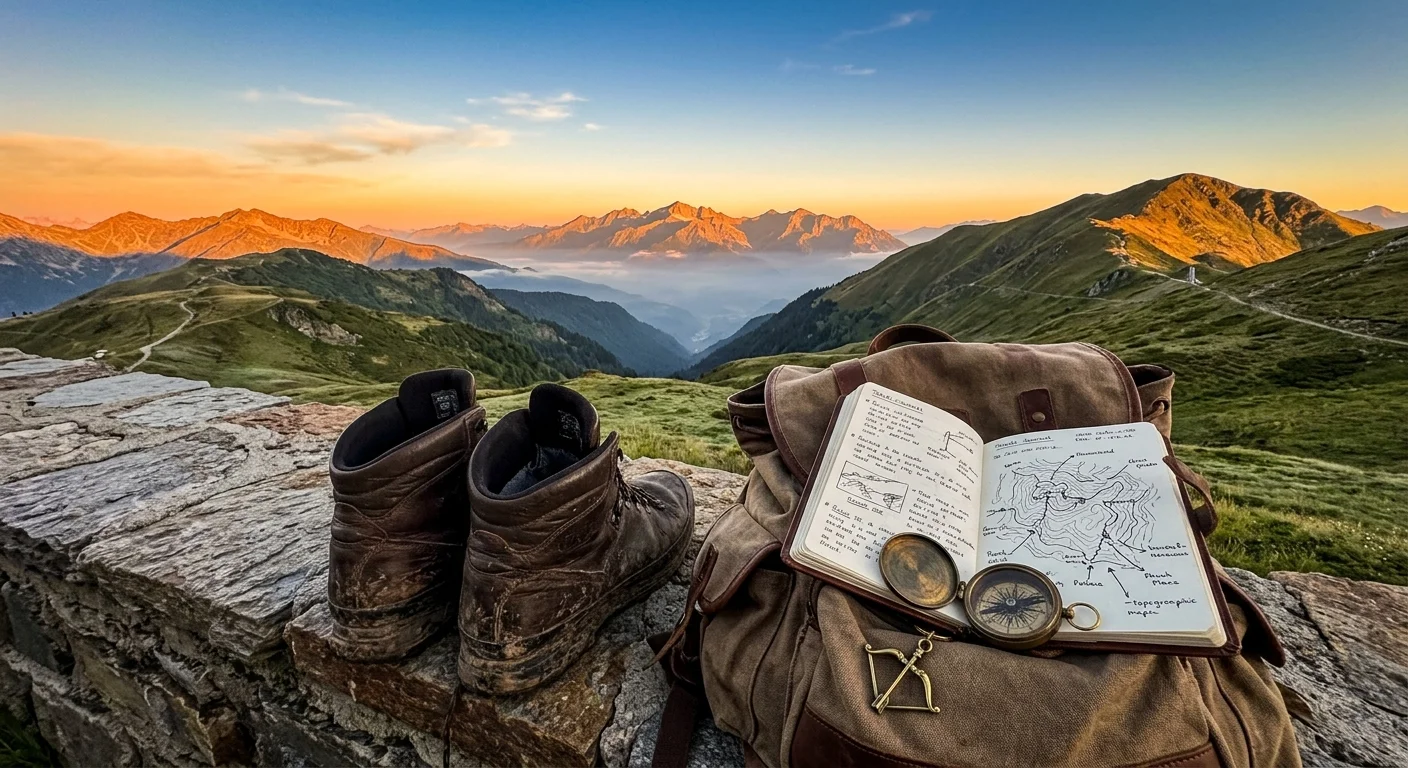 A traveler's view of hiking boots and a backpack overlooking a majestic mountain valley at sunrise.
