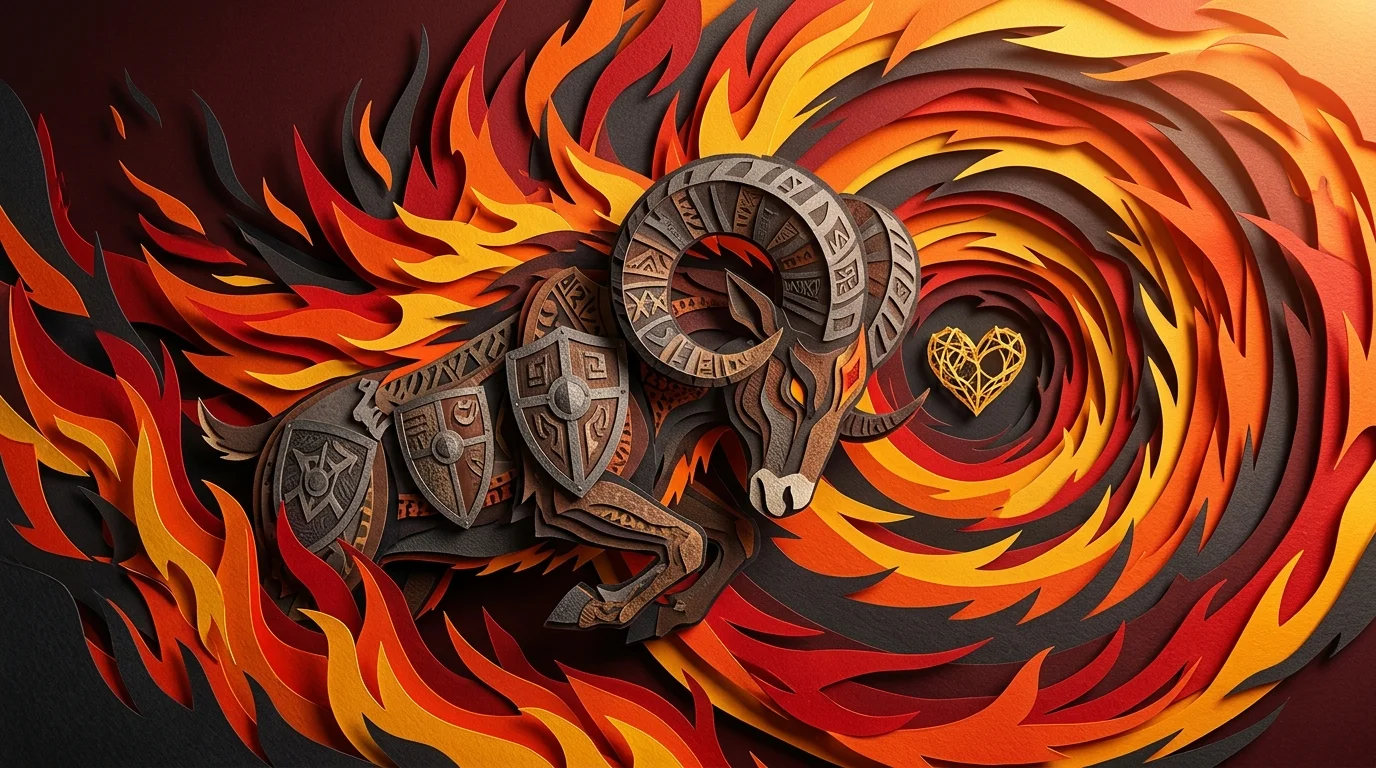 A vibrant paper-cut ram's horn surrounded by sharp crimson and orange paper flames protecting a golden heart.