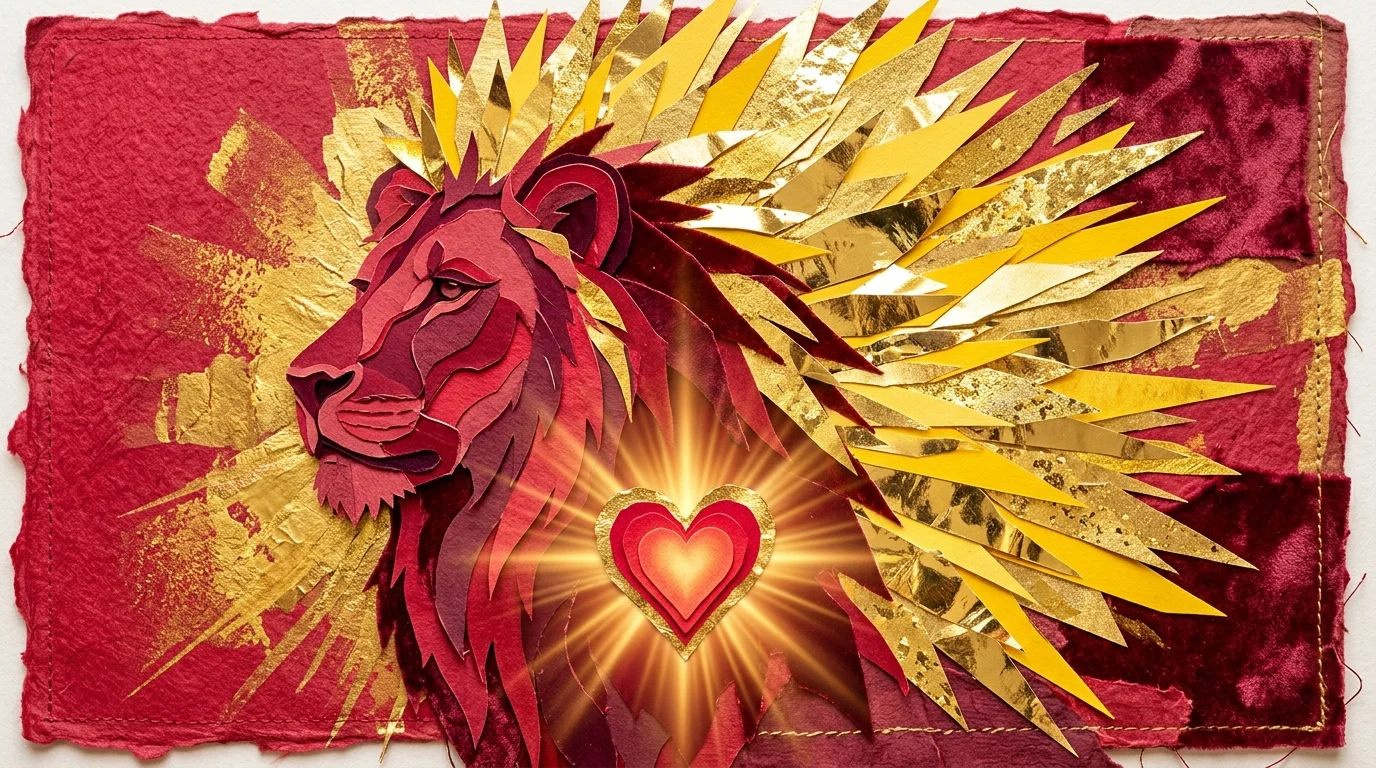 A vibrant red and gold mixed media collage of a lion with a sunburst mane and a glowing golden heart at its center.