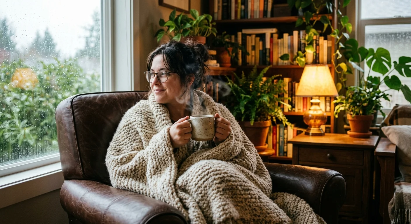 A warm 35mm photograph of a person cozying up with a mug of tea in a living room filled with plants and books.