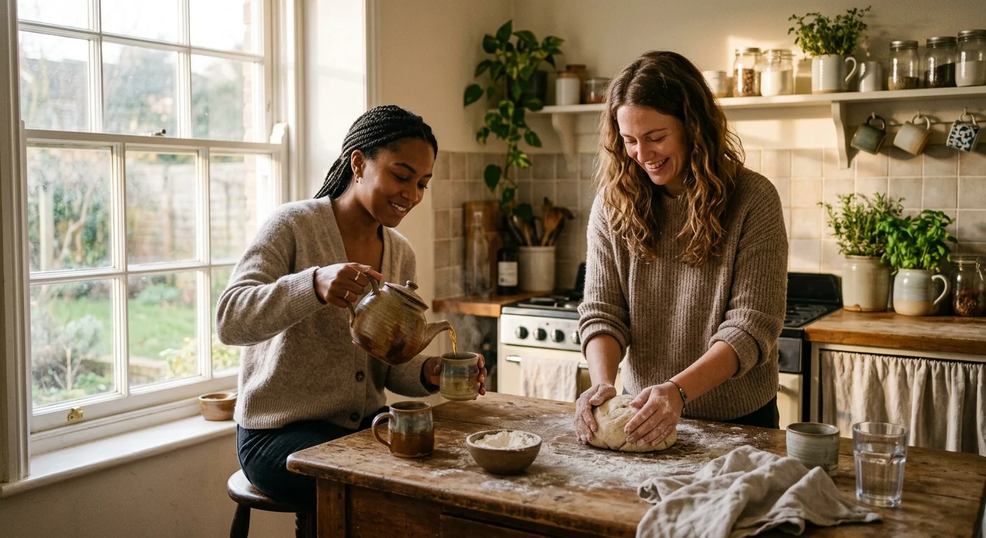 A warm 35mm photograph of two friends laughing while making tea and baking in a sunlit, rustic kitchen.