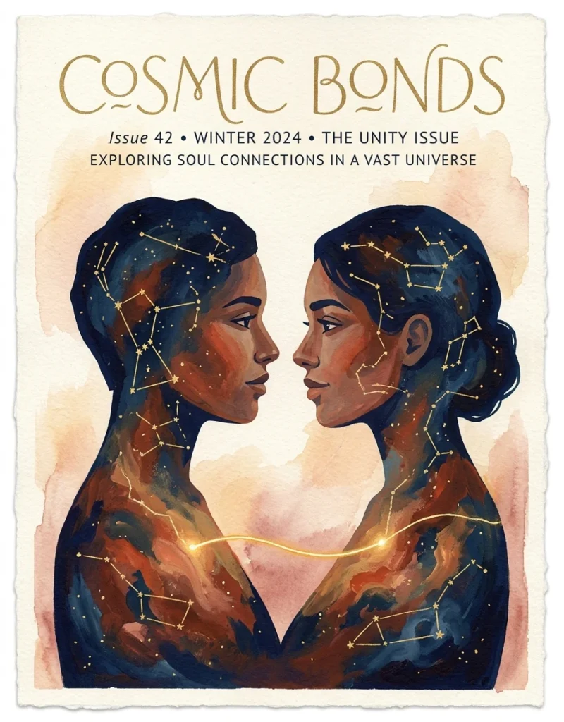 A warm gouache illustration of two profile silhouettes connected by golden constellations and a glowing thread.