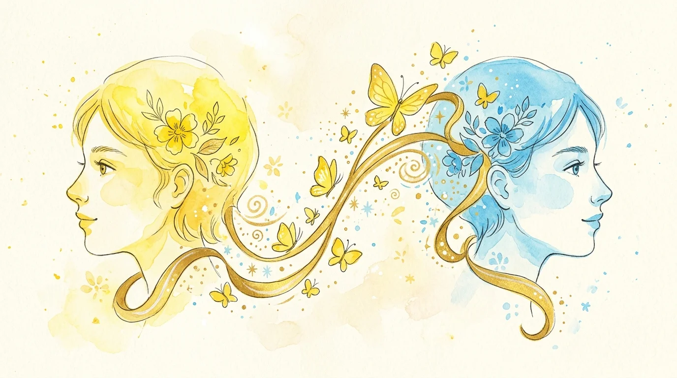 A whimsical watercolor of two mirroring faces linked by a golden ribbon with yellow butterflies and stardust.