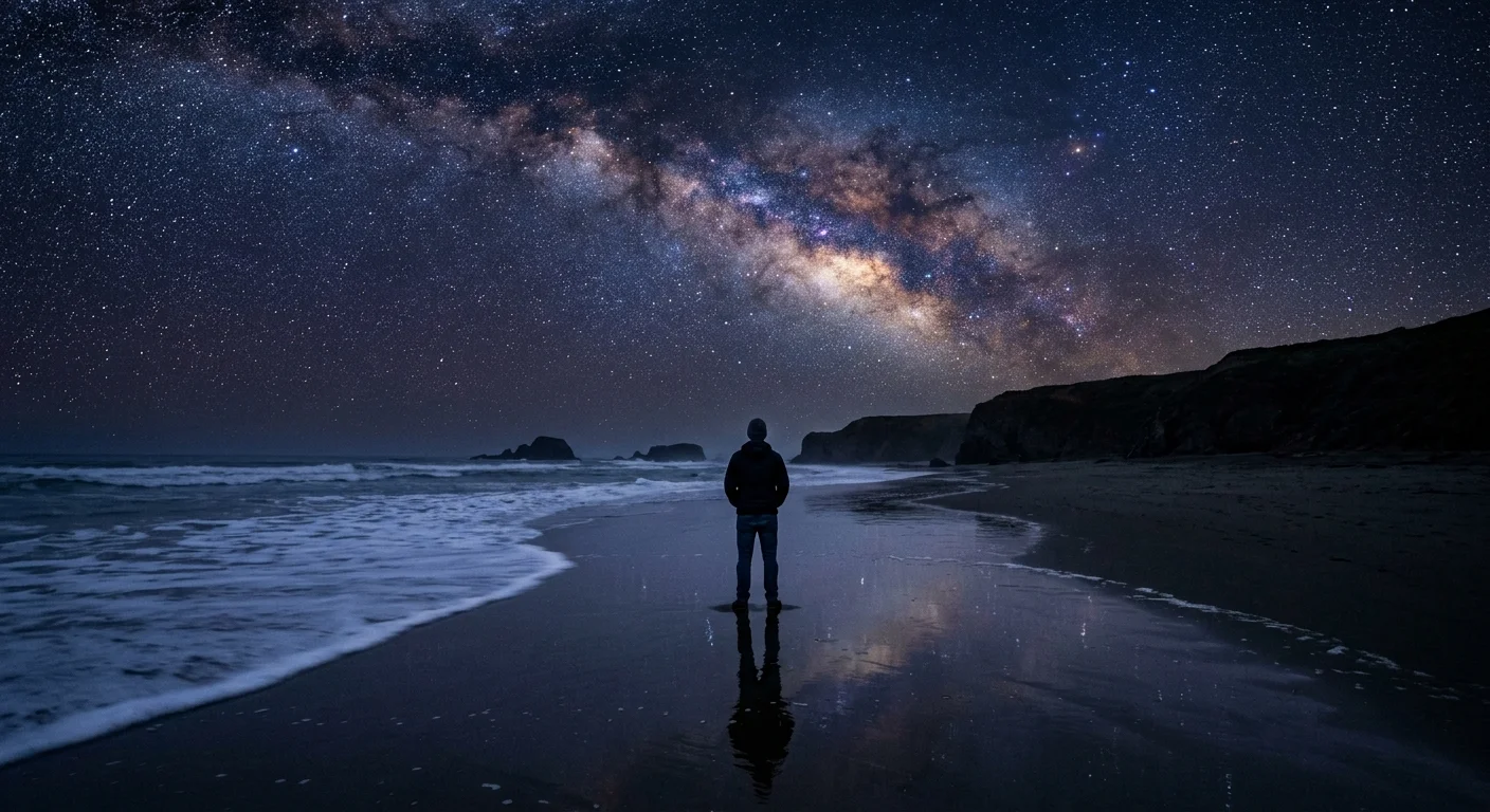 A wide-angle 35mm photo of a solitary silhouette standing on a beach under a brilliant starry night sky.