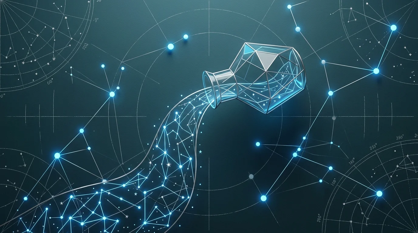 An abstract geometric vessel pouring out glowing constellation lines and silver star charts against a teal grid.