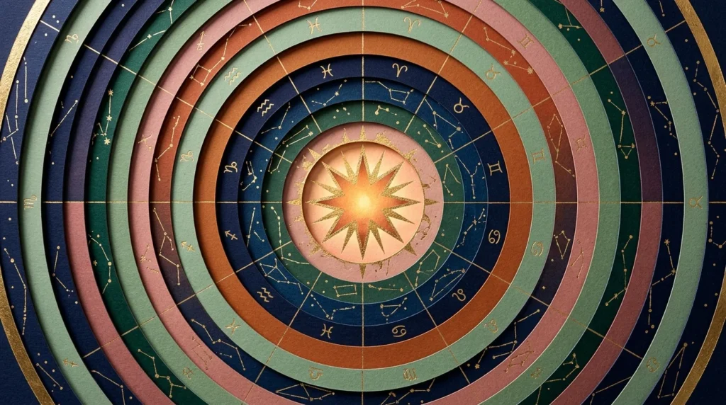 An artistic, multi-layered cosmic wheel collage with zodiac signs, gold foil stars, and textured indigo paper rings.