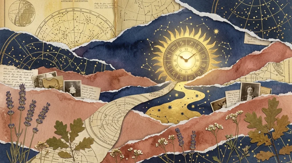 An artistic paper collage featuring vintage astronomical charts, gold star maps, pressed lavender, and a path winding toward a golden sun.