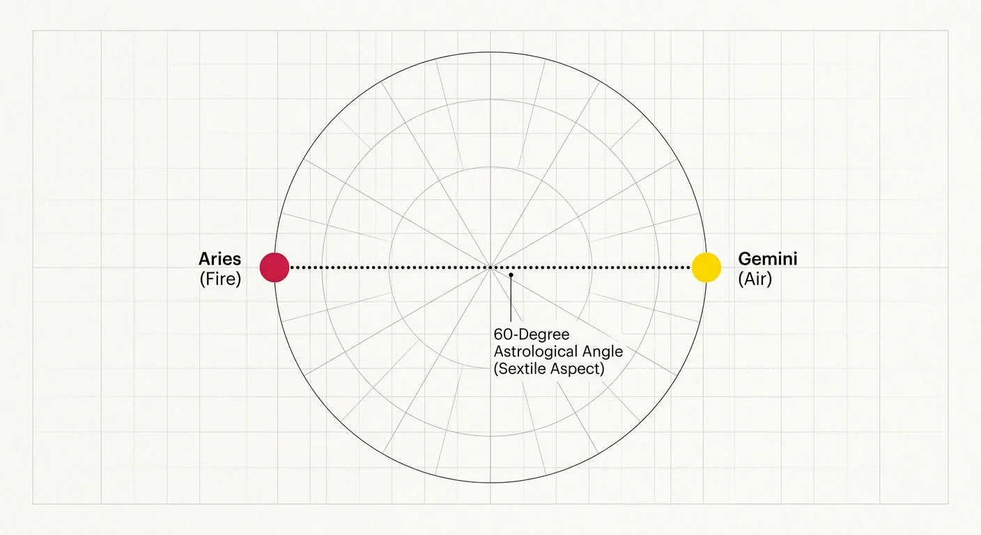 An astrological diagram showing a 60-degree sextile angle between Aries (Fire) and Gemini (Air).
