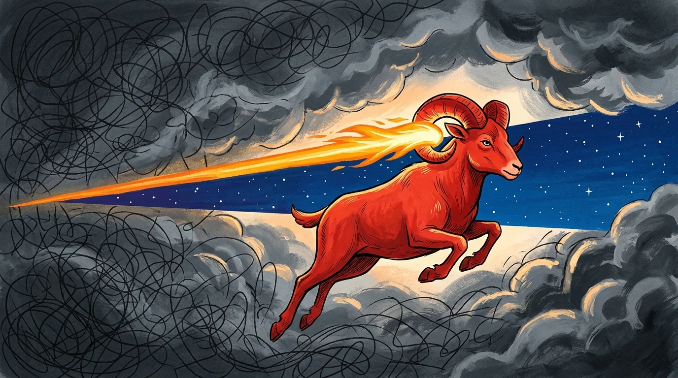 An editorial gouache illustration of a bold red ram emitting a sharp beam of golden light that slices through chaotic gray storm clouds.