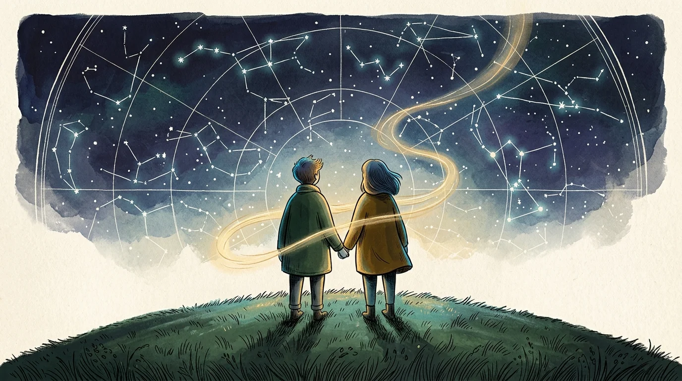 An editorial gouache illustration of two people standing on a grassy hill, looking up at a glowing, harmonious zodiac star chart.