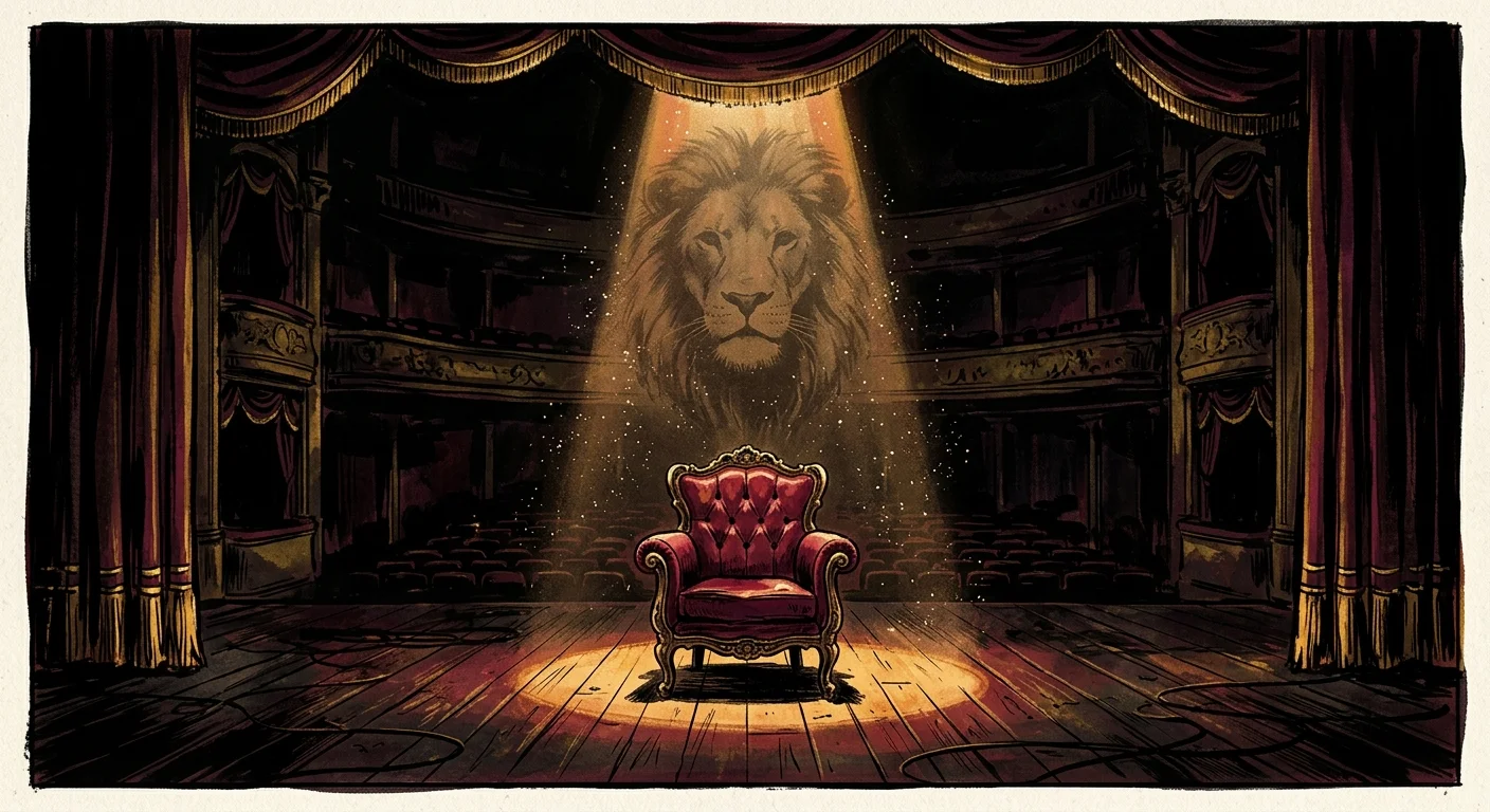 An editorial illustration of an empty wooden stage with a single spotlight shining on a crimson velvet armchair.