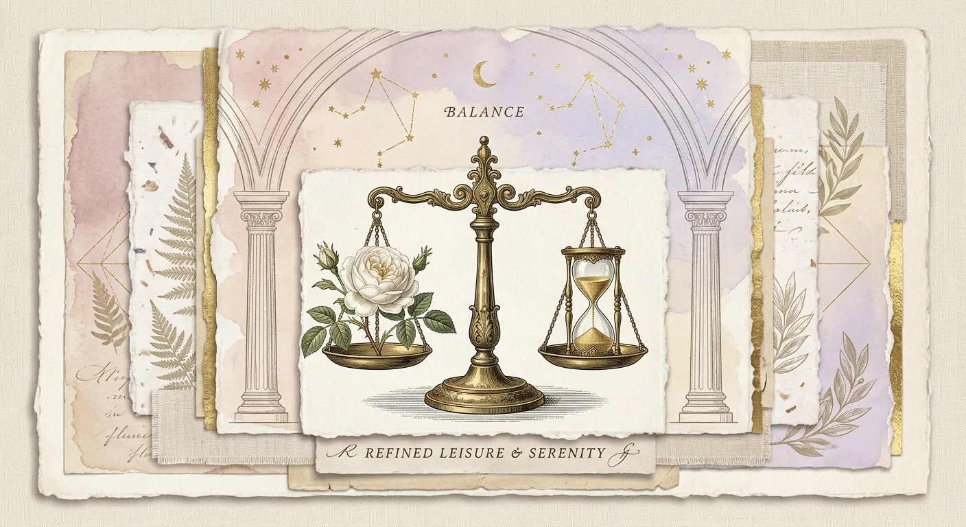 An elegant collage of a brass scale balancing a white rose and an hourglass, against a pastel watercolor background.