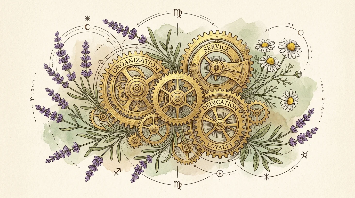 An elegant diagram of golden gears intertwined with lavender and chamomile flowers on textured cream paper.