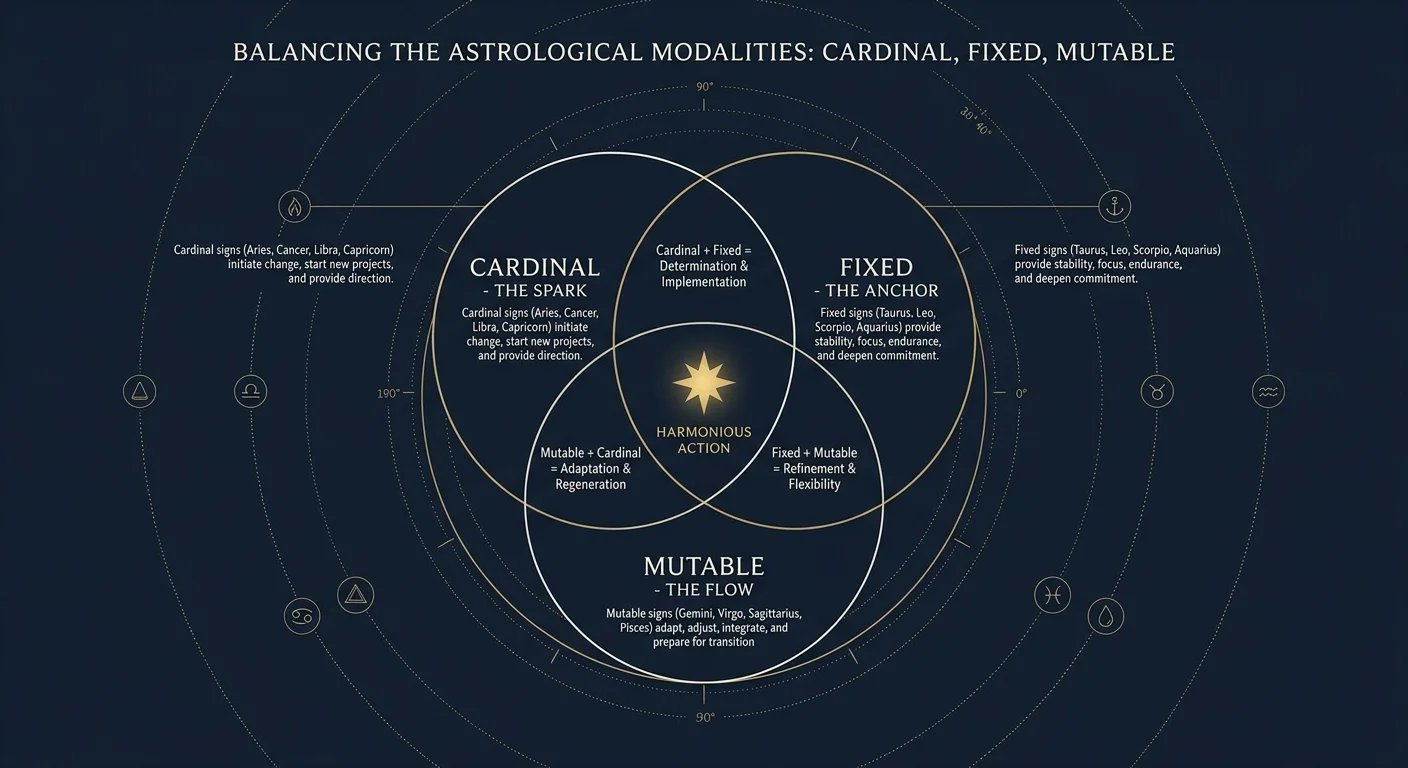 An elegant midnight-blue and gold astronomical infographic diagram showing the balance between Cardinal, Fixed, and Mutable energies.