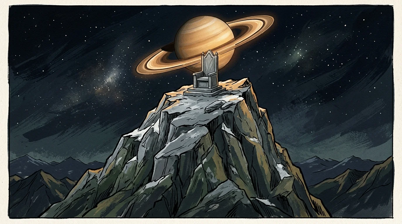 An elegant stone throne sits atop a solitary mountain peak under a glowing Saturn in a stylized gouache illustration.