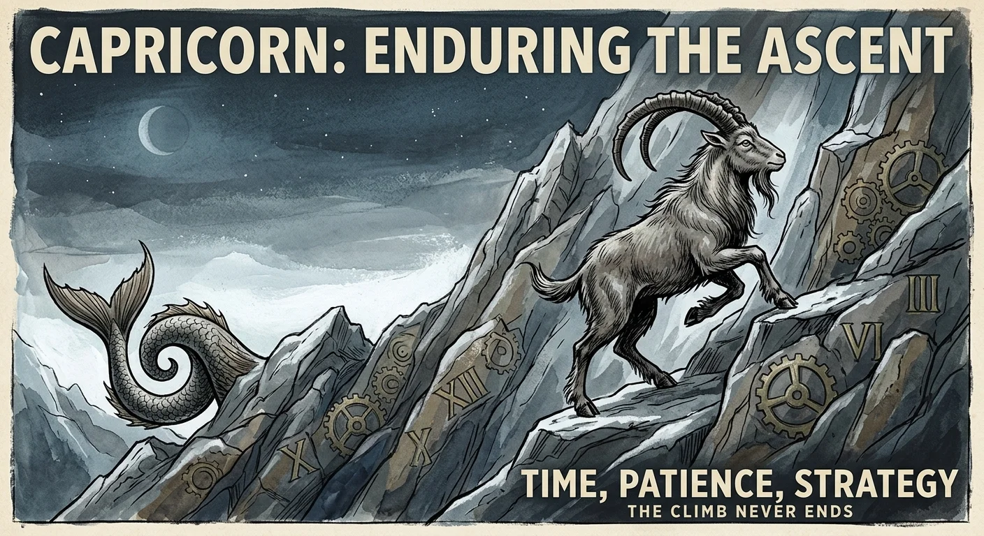 An illustration of a mountain goat climbing a steep, snowy peak integrated with faint clock gears, under a twilight sky.