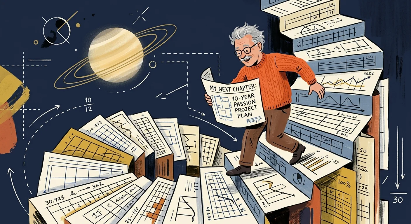 An illustration of an older figure climbing down a staircase of blueprints under a glowing Saturn planet.
