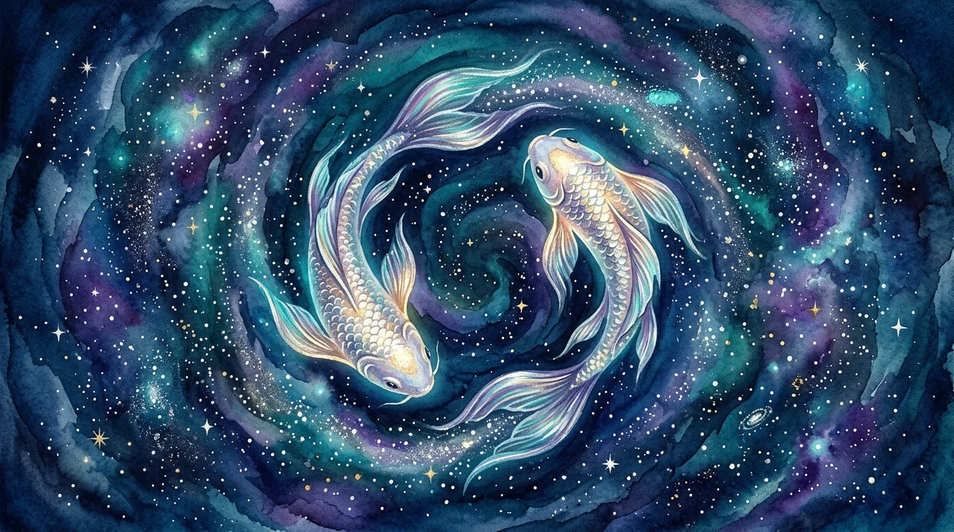 Two shimmering watercolor koi fish swimming in a circular galaxy of violet, teal, and starry cosmic dust.