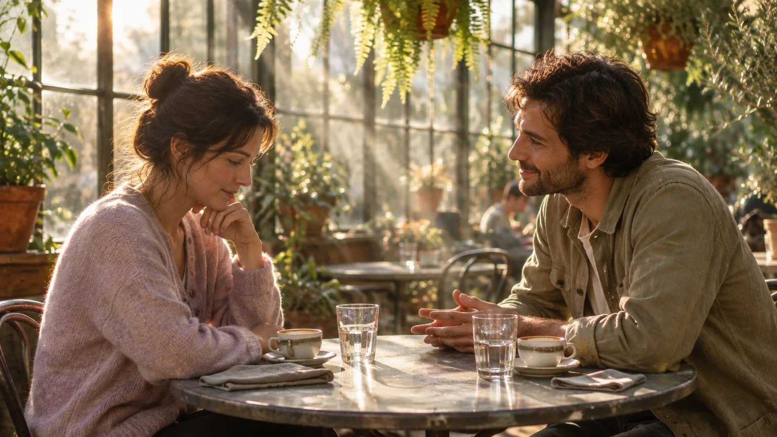 A man and woman sit across a small round cafe table with coffees inside a sunlit, plant-filled greenhouse cafe.