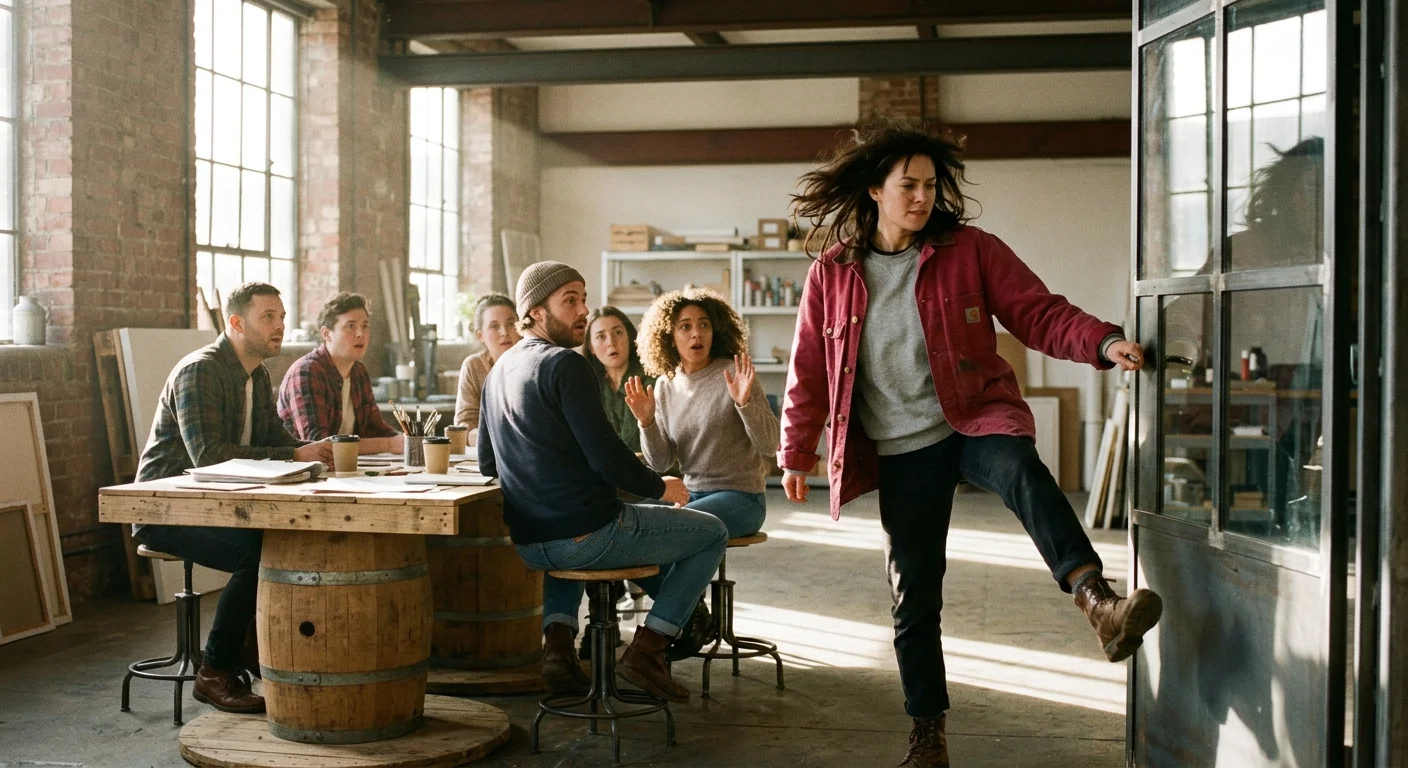 A woman in a red jacket kicks open a studio door as startled colleagues look on from a wooden table.