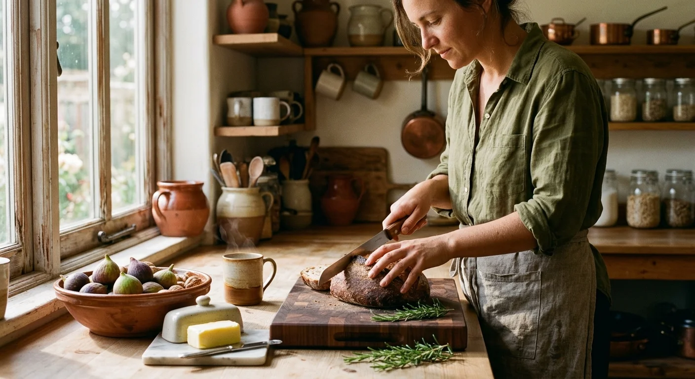 A woman slicing a loaf of sourdough bread on a wooden kitchen counter near butter, figs, and a steaming mug.