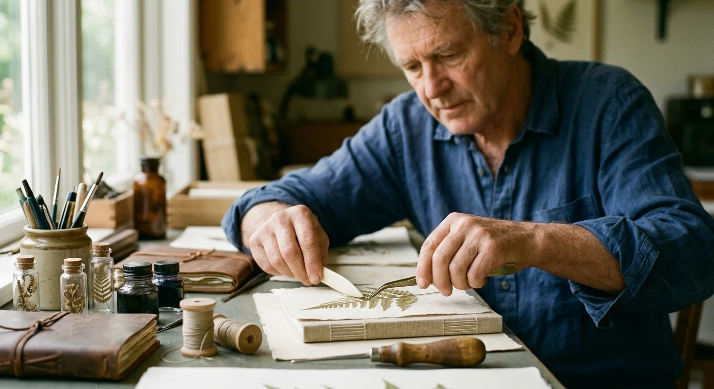 A man meticulously arranges pressed fern leaves onto handmade paper in a sunlit workshop filled with craft tools.