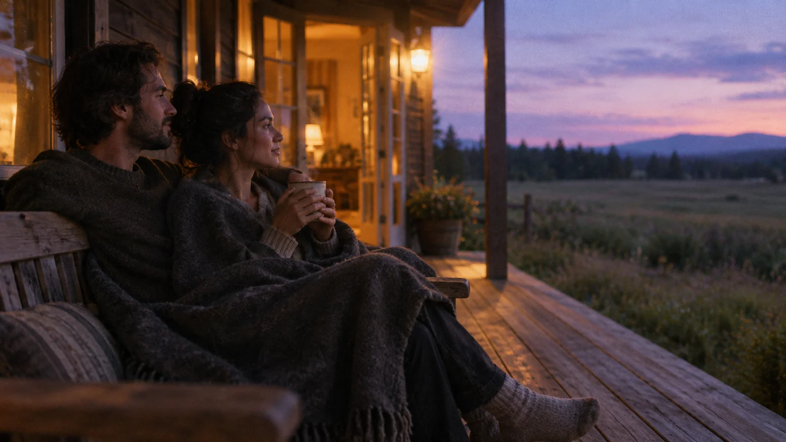 Couple wrapped in a blanket sits on a wooden cabin porch looking out over a meadow at twilight.