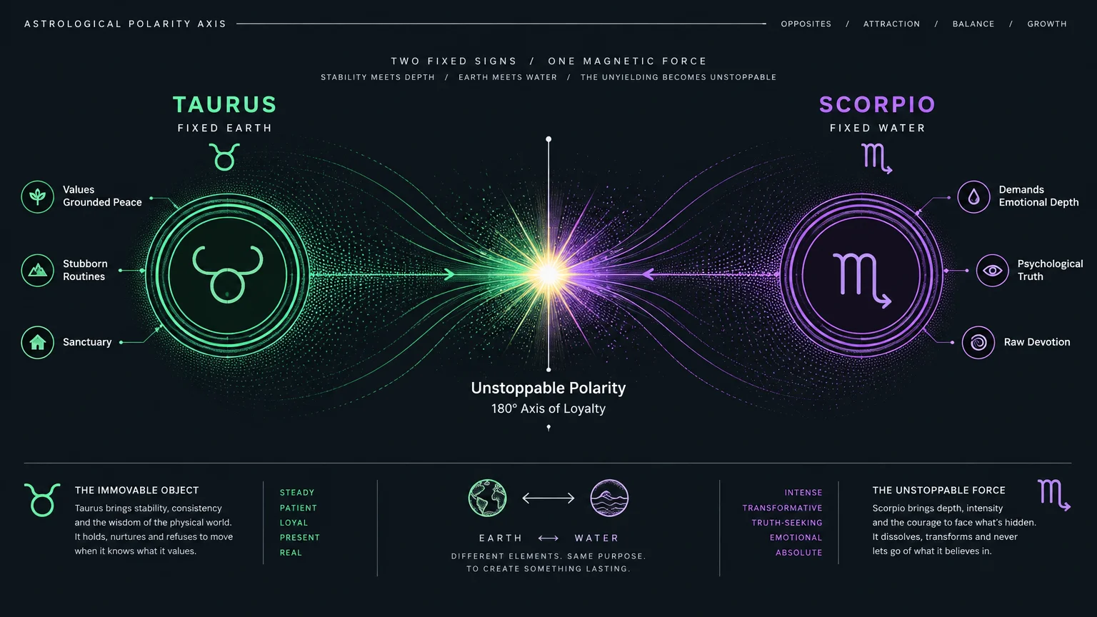 Astrological diagram with green Taurus and purple Scorpio symbols connected by energy lines colliding in a central spark.