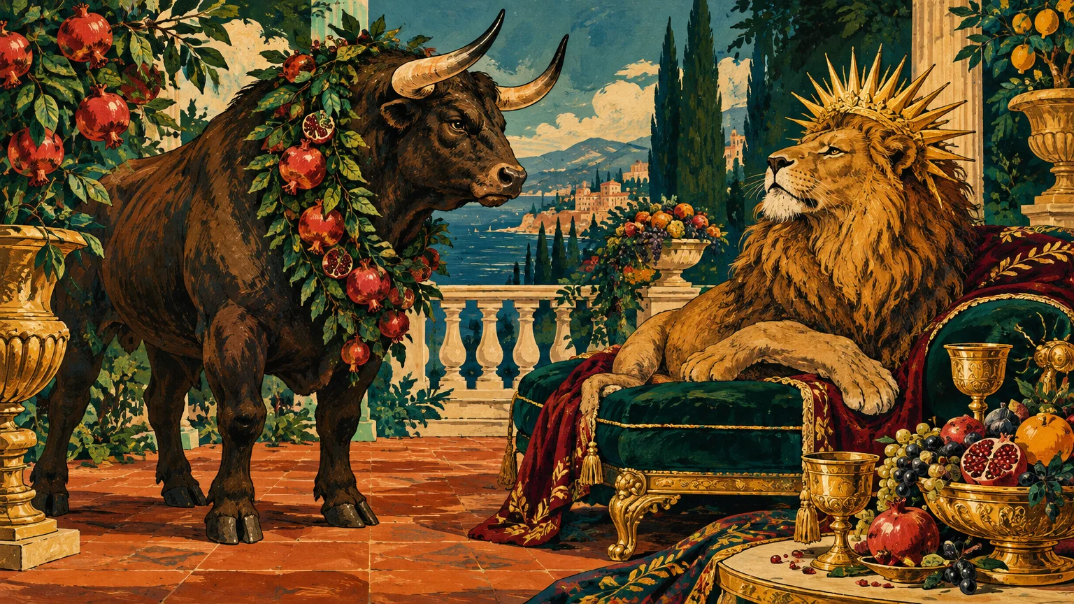 A garlanded bull faces a crowned lion resting on an ornate chaise lounge on a classical terrace overlooking the sea.
