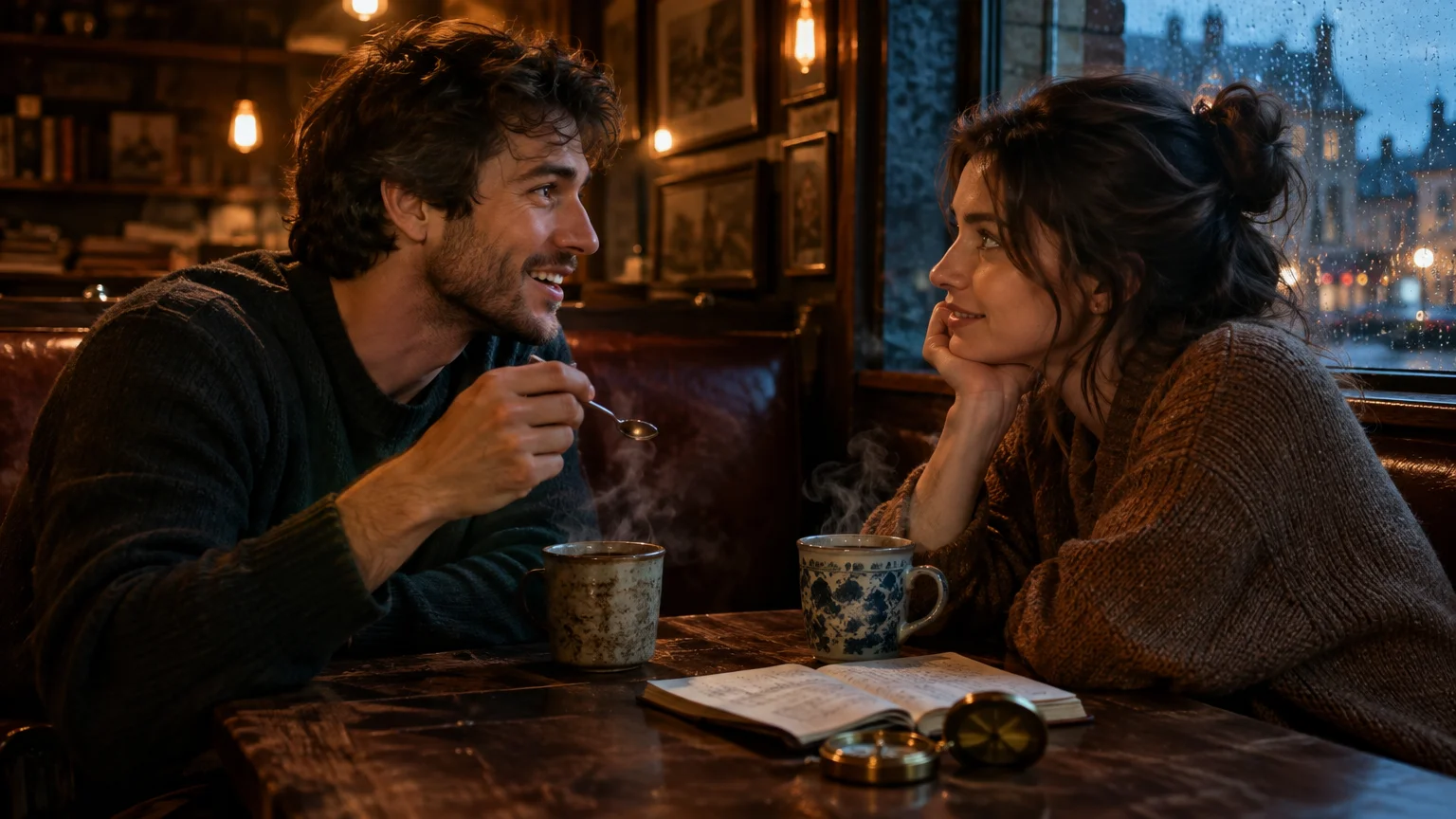 A man and woman talking intimately at a cozy cafe table with steaming mugs, an open notebook, and rainy windows behind them.