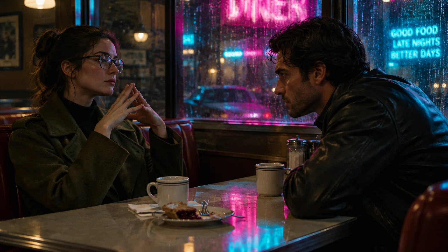 A man and woman sit across from each other in a diner booth at night, gazing intently beneath neon window reflections.