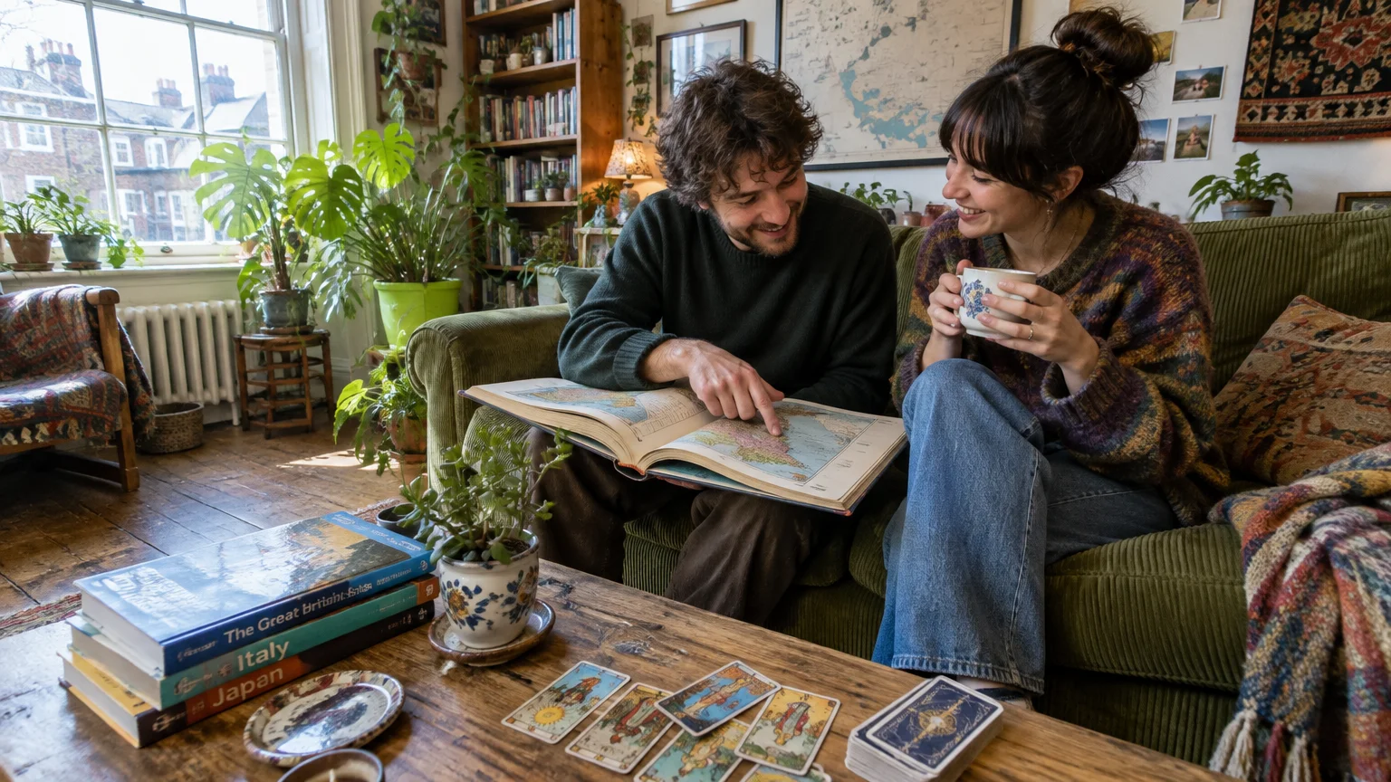 A man and woman sit on a green couch looking at an open atlas, with tarot cards spread on the coffee table.