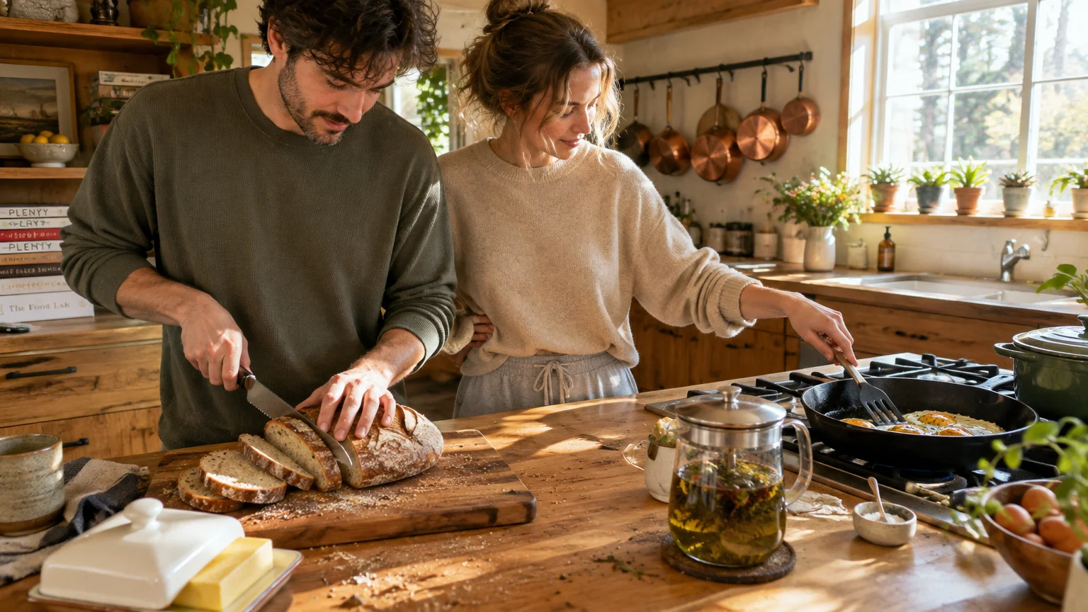 A man slices rustic bread on a wooden board while a woman fries eggs in a skillet in a sunny kitchen.