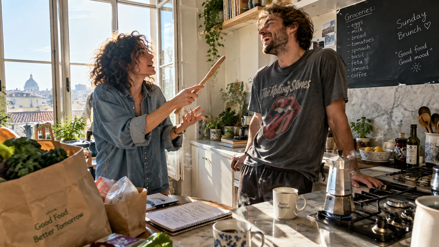 A smiling woman holding a wooden spoon gestures while talking to a laughing man in a sunlit kitchen.