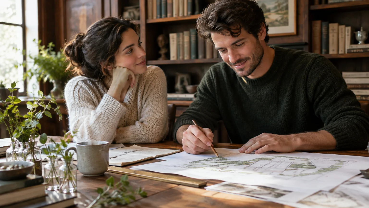 A man sketches on blueprints at a wooden table while a woman beside him rests her chin in her hand and watches.