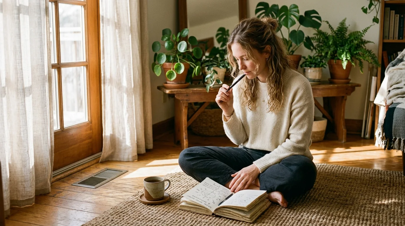 A woman sits cross-legged on a woven rug, holding a pen to her mouth while studying an open notebook on the floor.