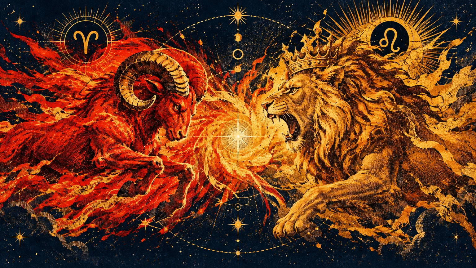 Detailed etching of a fiery horned ram and a roaring crowned lion facing each other amidst astrological symbols.