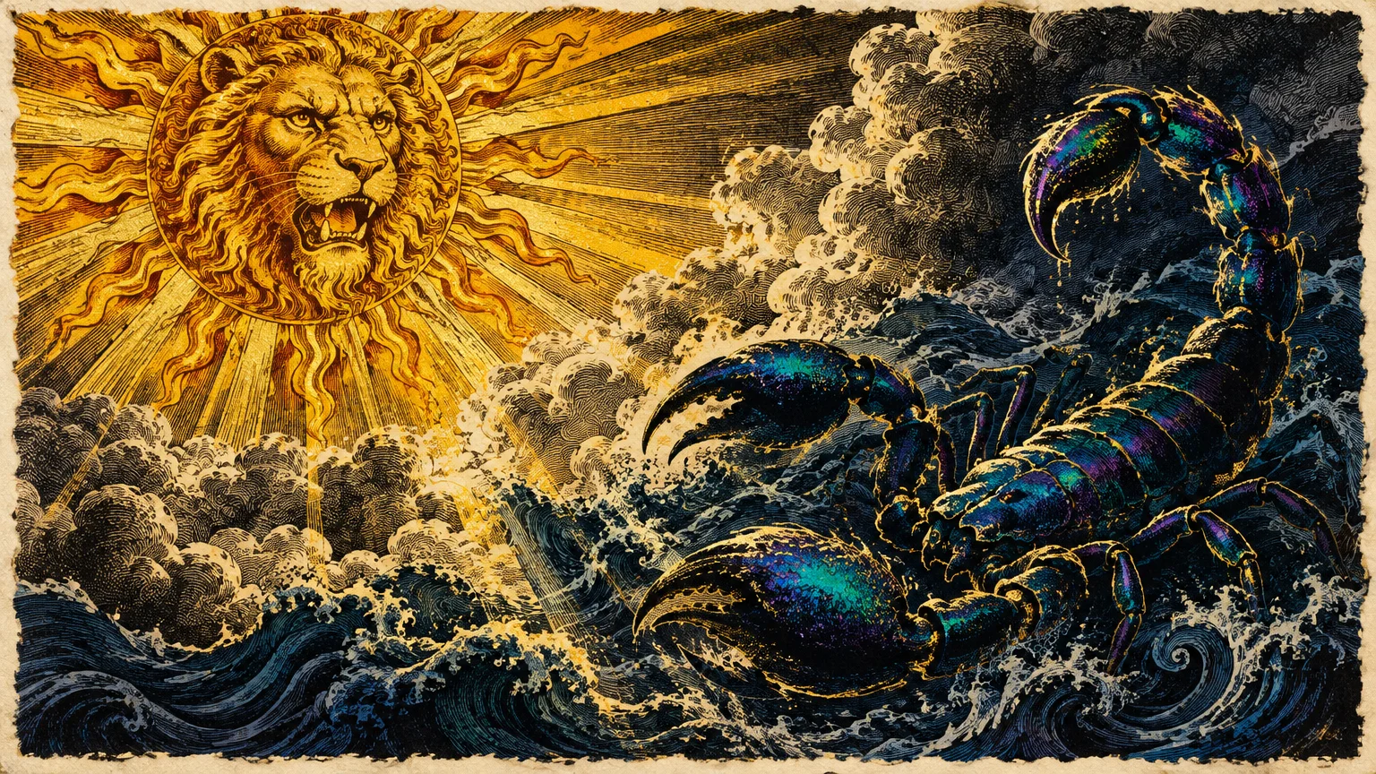 Detailed engraving of a roaring sun with a lion's face shining over stormy seas carrying a giant iridescent scorpion.