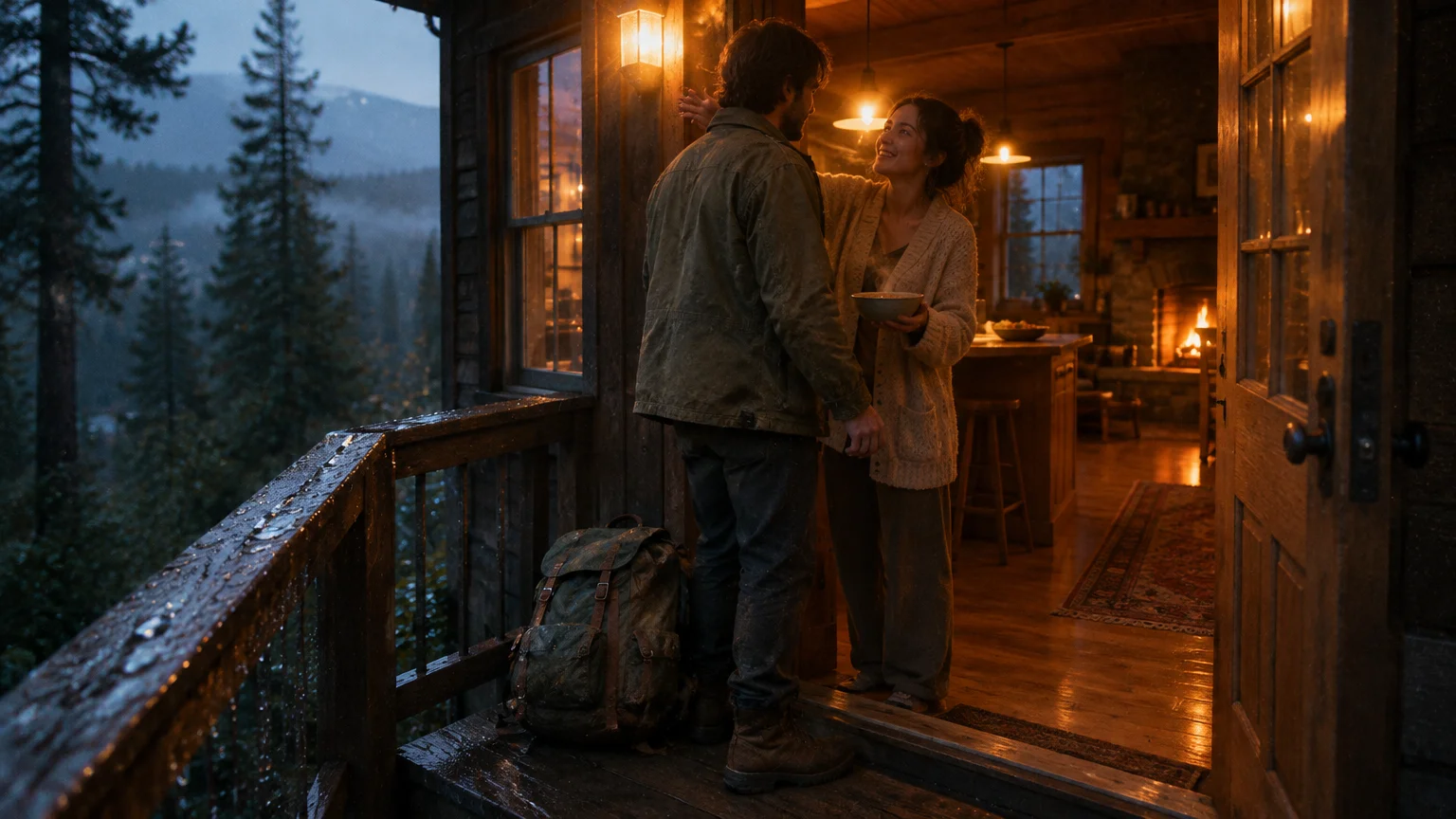 A woman greets a traveler with a steaming bowl in the warm doorway of a rustic mountain cabin.