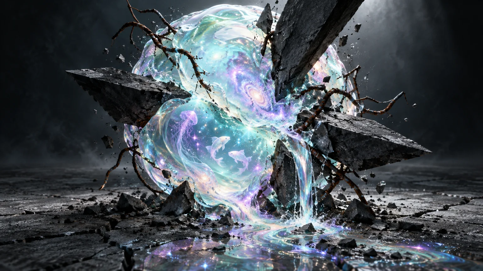 Glowing, iridescent bubble containing swimming fish and a jellyfish, shattered by jagged concrete slabs and rebar.