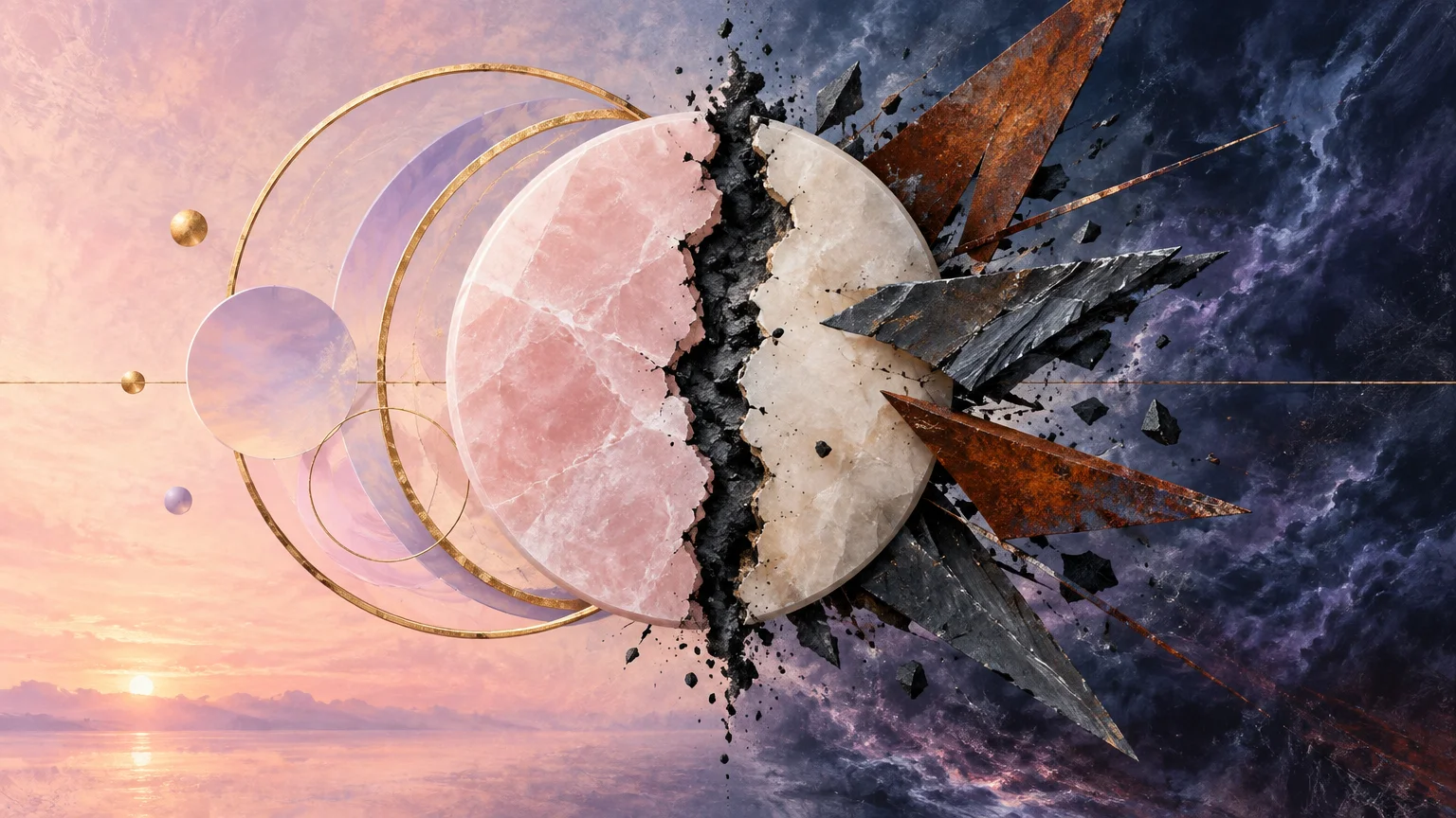 A circular stone disc split down the middle between a soft sunset sky and a dark, jagged stormy realm.