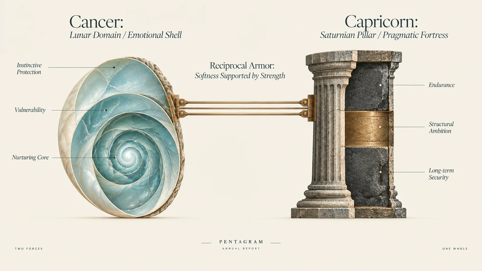 Diagram linking a cutaway spiral nautilus shell for Cancer to a stone architectural column for Capricorn with metal rods.