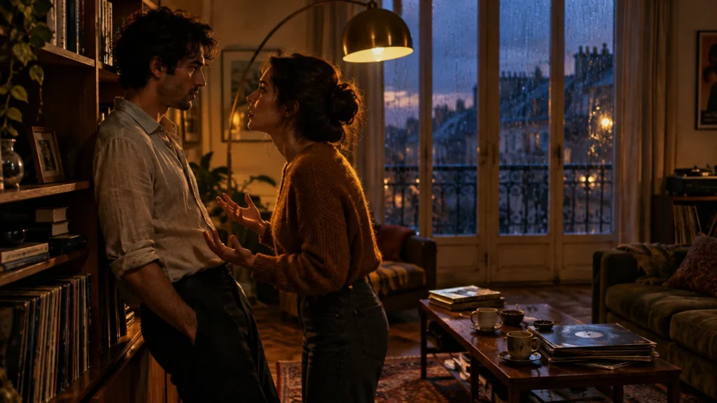 Man and woman having an intense conversation in a warm, dimly lit living room by a rainy balcony window.