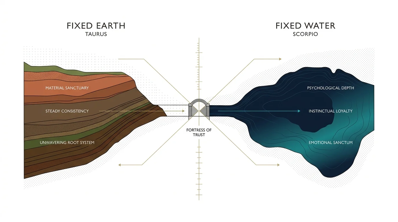 Diagram contrasting Taurus fixed earth layers with Scorpio fixed water depths, meeting at a central fortress of trust.