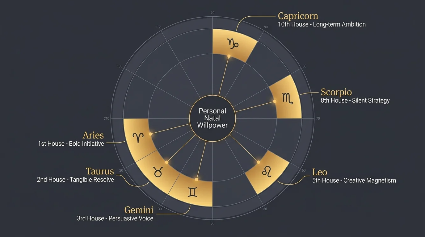 Circular diagram showing six astrological houses and zodiac signs connected to a central Personal Natal Willpower hub.