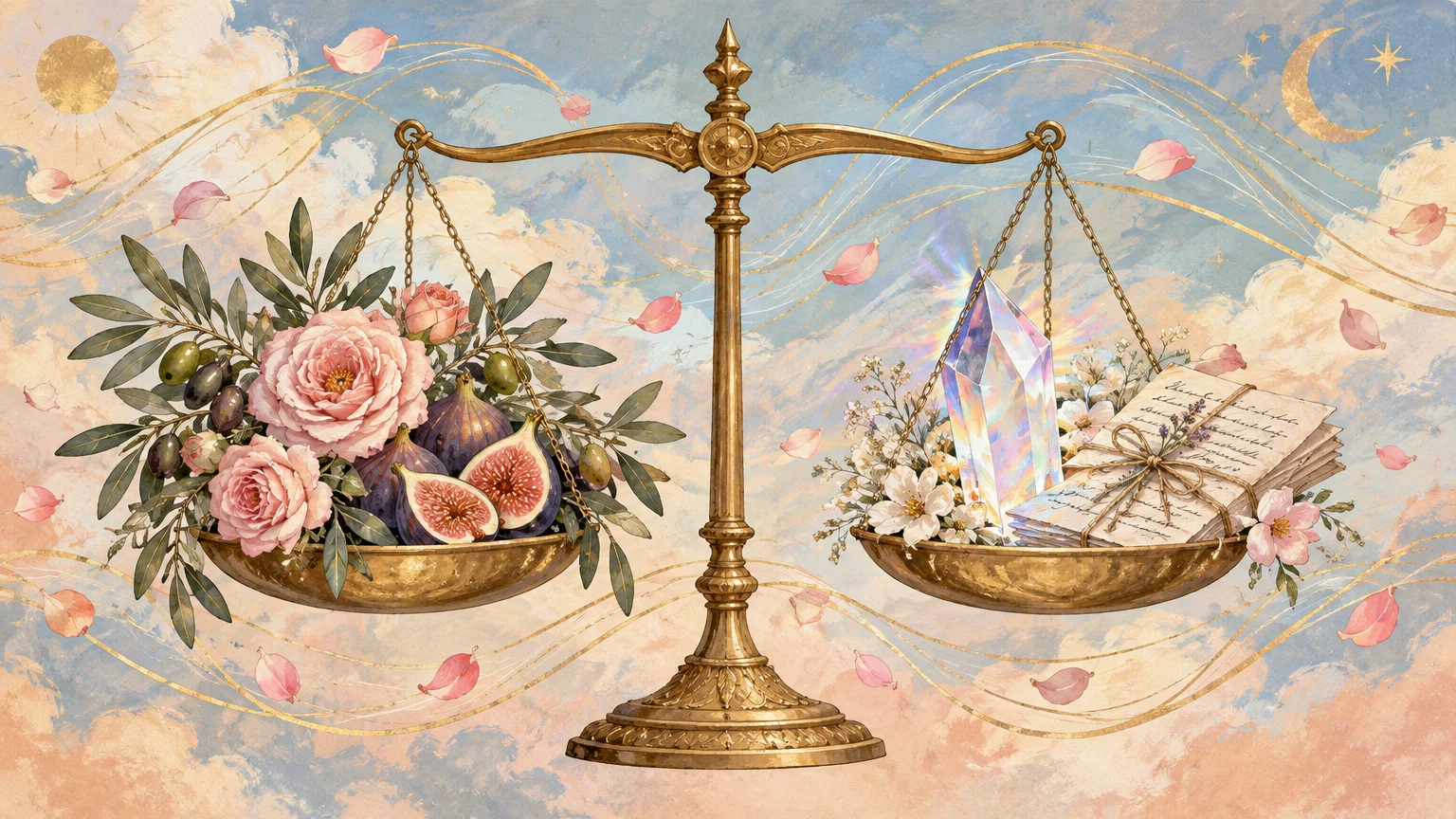 Brass balance scale holding pink roses, figs, and olive branches on one side, and letters and a crystal on the other.
