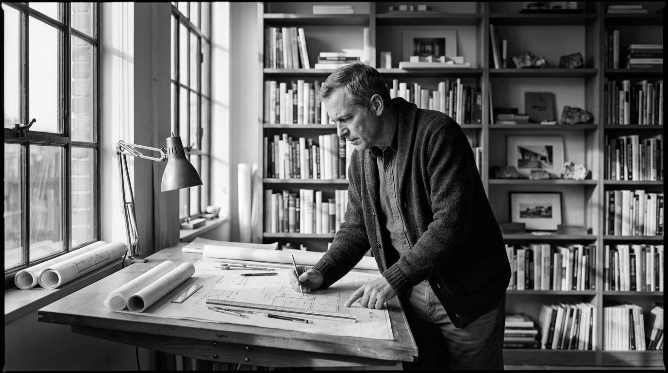 A man leaning over an architect drafting table drawing blueprints in a library lined with full bookshelves.