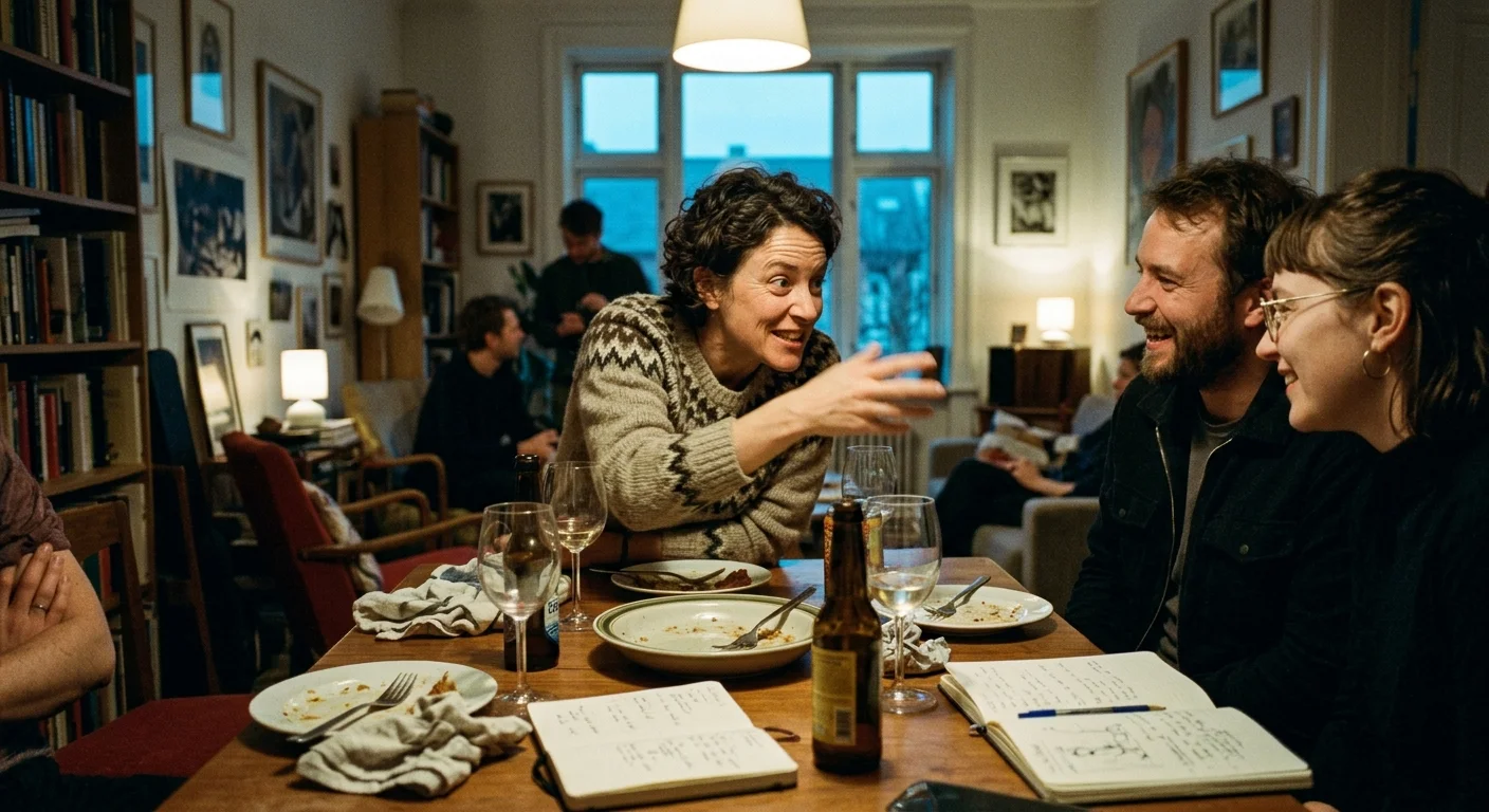 A woman in a patterned sweater gestures animatedly while talking to friends seated around a dinner table with drinks.