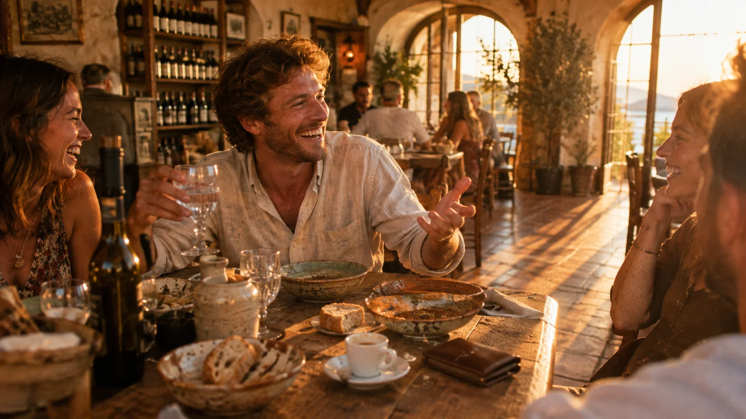 A smiling man and friends sitting around a rustic wooden dining table in a sunlit restaurant with arched windows.